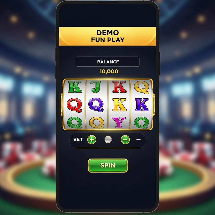 Illustrates the user interface of a demo slot game, highlighting key elements like virtual balance, bet controls, and the 'DEMO' indicator.