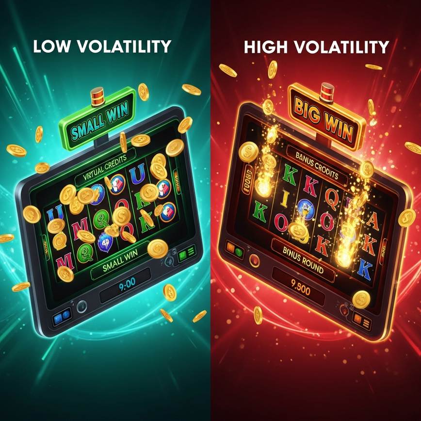 Visualizes the concept of slot game volatility (low vs. high) and the exploration of bonus features through demo play.