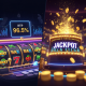 Dynamic split-screen image comparing online slot providers, showing a slot interface with RTP percentage on one side and a progressive jackpot meter with bursting coins on the other, against a luxurious casino background.
