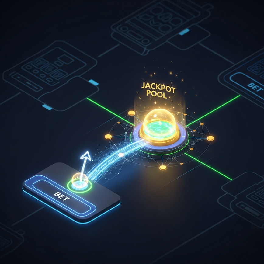 Illustrates the 'How Progressive Jackpots Work' mechanism, showing a slot game contributing to a networked jackpot pool.