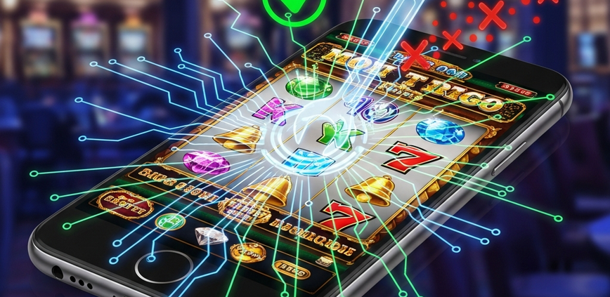 A smartphone displaying a vibrant online slot game with digital troubleshooting icons like a wrench and green checkmark, symbolizing mobile casino issue resolution and optimal performance.