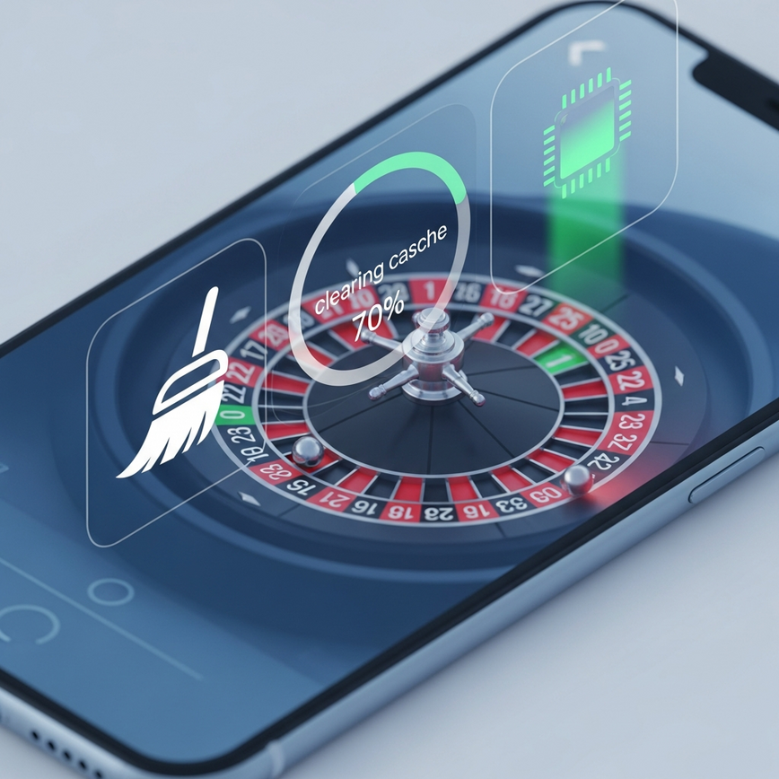 Illustrates device optimization steps like clearing cache and freeing storage space to fix mobile casino lag and crashes.
