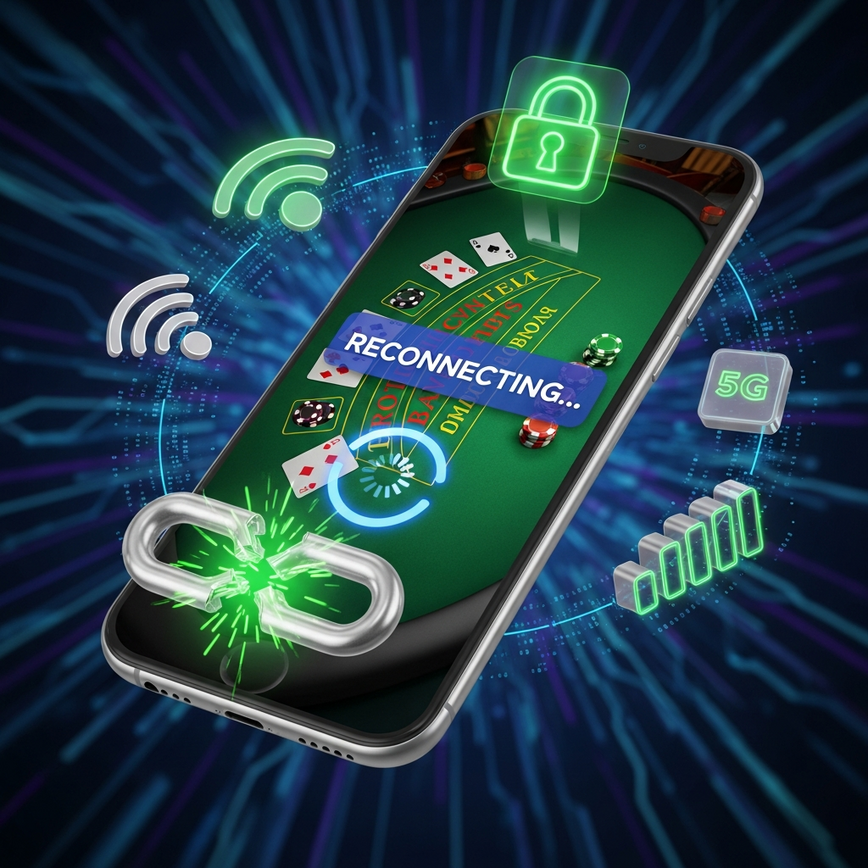 Visualizes the process of resolving mobile casino connection issues, from unstable to stable.