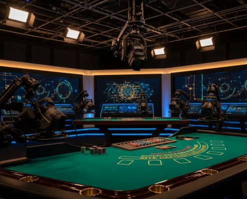 A wide, cinematic view of a luxurious and high-tech live casino studio featuring an empty blackjack table, multiple HD cameras, and glowing control panels, conveying a professional and secure online gaming environment.