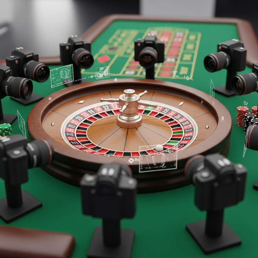 To illustrate the professional studio environment and advanced multi-camera streaming technology used in live dealer games, emphasizing transparency and equipment quality.