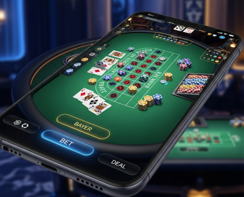 Sleek smartphone displaying a high-definition mobile live casino blackjack game interface with virtual cards and chips on an emerald felt, symbolizing smooth and premium gameplay.