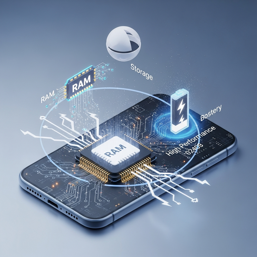 Visualizes device optimization and memory management, showing how freeing up resources leads to smoother performance.