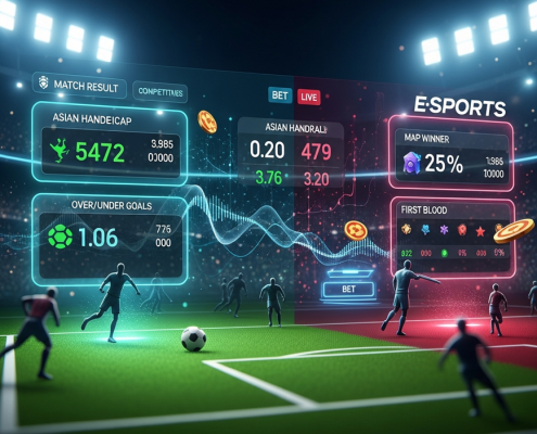 Dynamic digital interface representing online sports and esports betting in Malaysia, featuring football odds, esports game graphics, and high-stakes data visualizations on a premium platform.