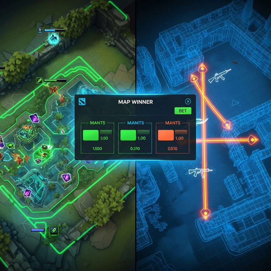 Illustrates the dynamic world of esports betting, showcasing a game interface with live betting odds and popular markets for titles like Dota 2, CS2, and Mobile Legends.