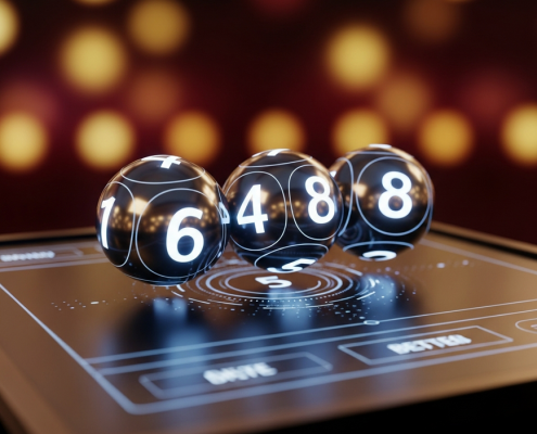 Four glowing lottery balls forming a winning 4-digit number above a sleek, futuristic online betting interface, symbolizing 4D online betting in Malaysia.