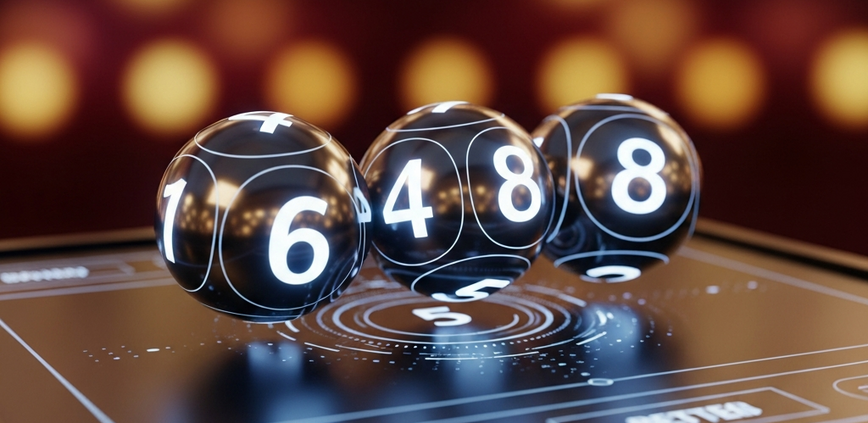Four glowing lottery balls forming a winning 4-digit number above a sleek, futuristic online betting interface, symbolizing 4D online betting in Malaysia.
