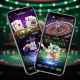 Sleek smartphone displaying a collage of live Baccarat, Roulette, Blackjack, and Sic Bo game interfaces, set against a blurred luxurious casino studio background, representing mobile live dealer gaming.