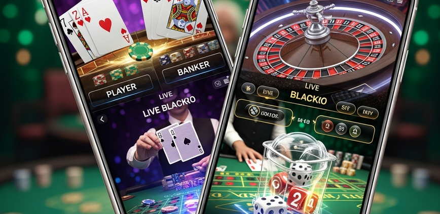 Sleek smartphone displaying a collage of live Baccarat, Roulette, Blackjack, and Sic Bo game interfaces, set against a blurred luxurious casino studio background, representing mobile live dealer gaming.