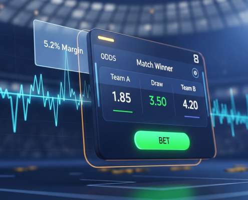 Sleek online sports betting interface displaying football match odds with a glowing overlay of margin percentage, symbolizing financial analysis in Malaysian sportsbooks.