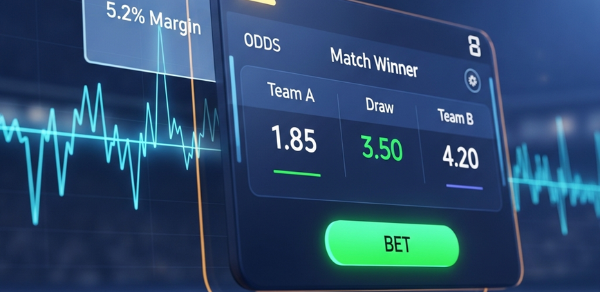 Sleek online sports betting interface displaying football match odds with a glowing overlay of margin percentage, symbolizing financial analysis in Malaysian sportsbooks.