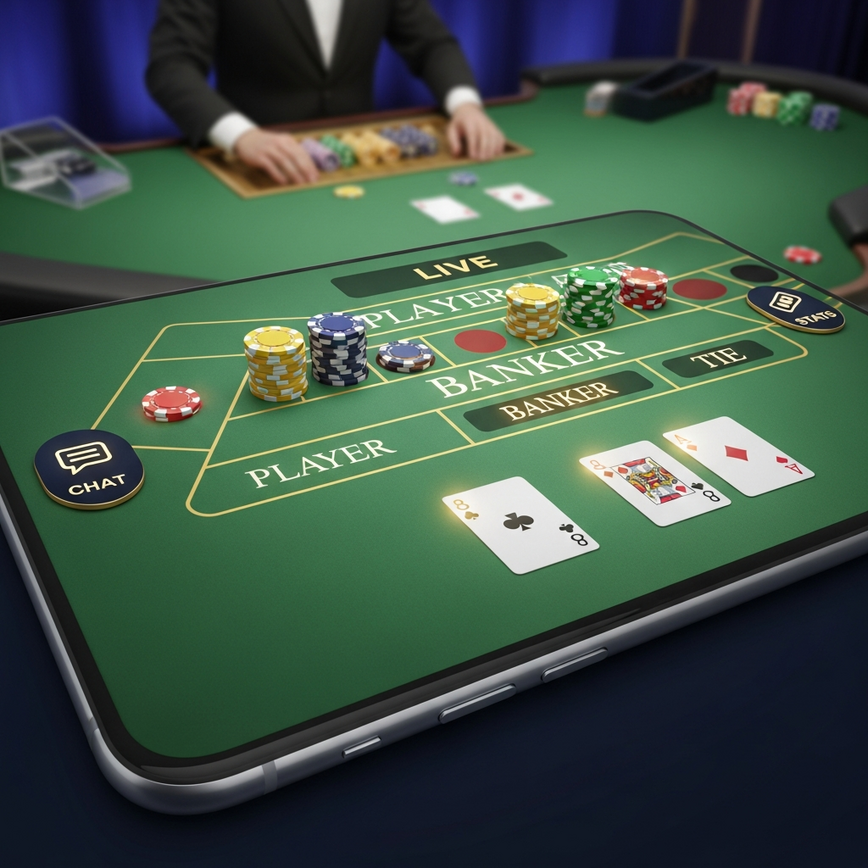 Illustrates the Live Baccarat mobile gaming experience, highlighting its user-friendly interface, betting options, and real-time interaction features.