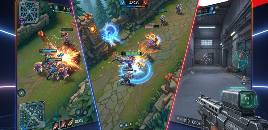 Dynamic split-screen digital art showing MLBB, Dota 2, and CS2 game interfaces integrated into a futuristic online esports betting platform UI, with abstract Malaysian flag colors in the background.