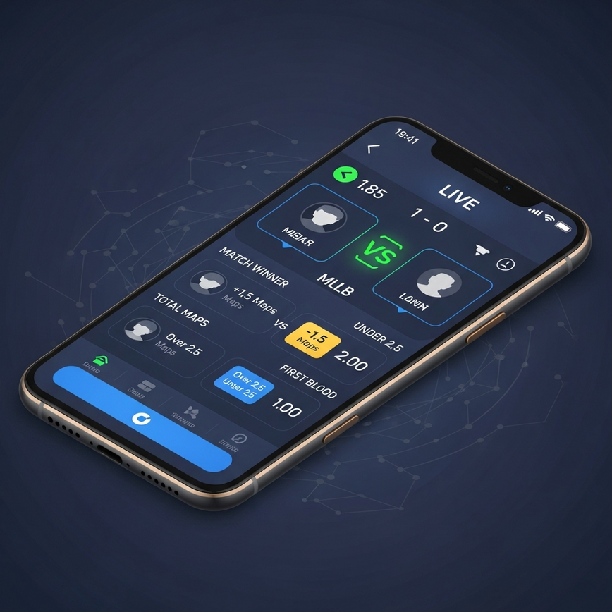 Illustrates the concept of various esports betting markets available on a mobile platform, focusing on MLBB as a dominant game.