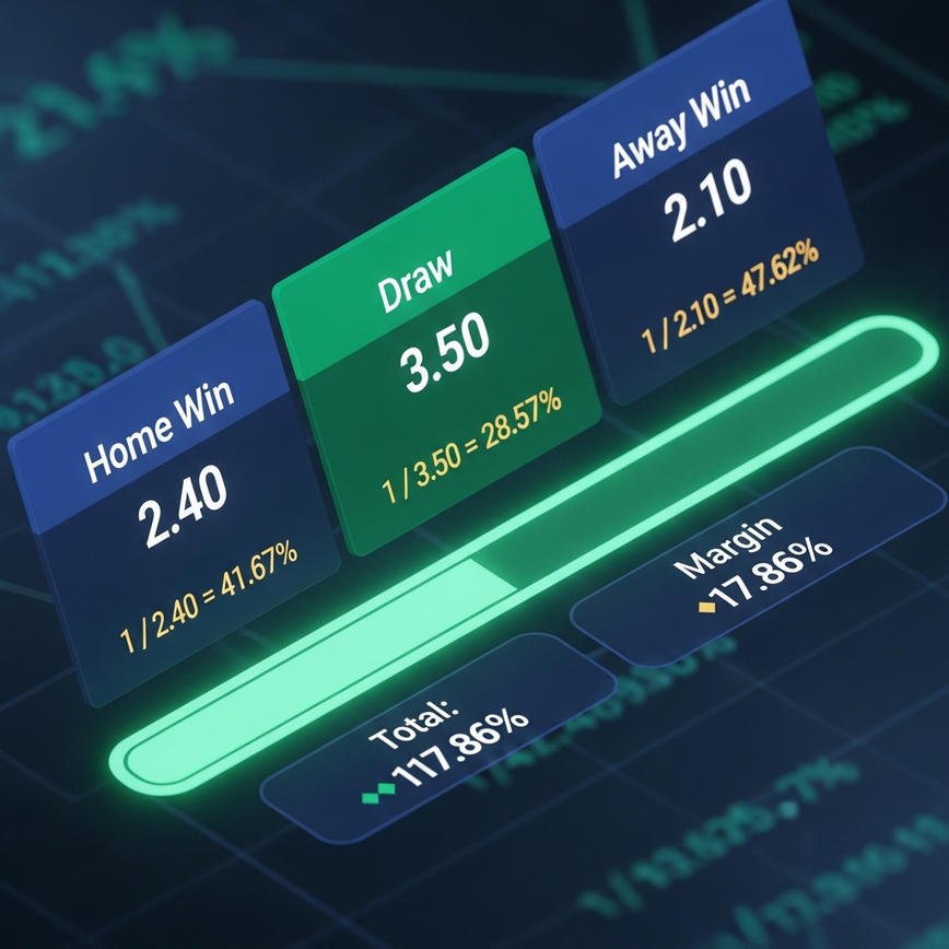 Illustrates the concept of sportsbook margin calculation using a football match example, showing odds, implied probabilities, and the resulting 'overround' percentage.