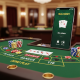 Sophisticated online baccarat interface showing a split view of demo play on one side and a secure real-money mobile game on the other, with betting areas, cards, and chips, emphasizing safe learning.