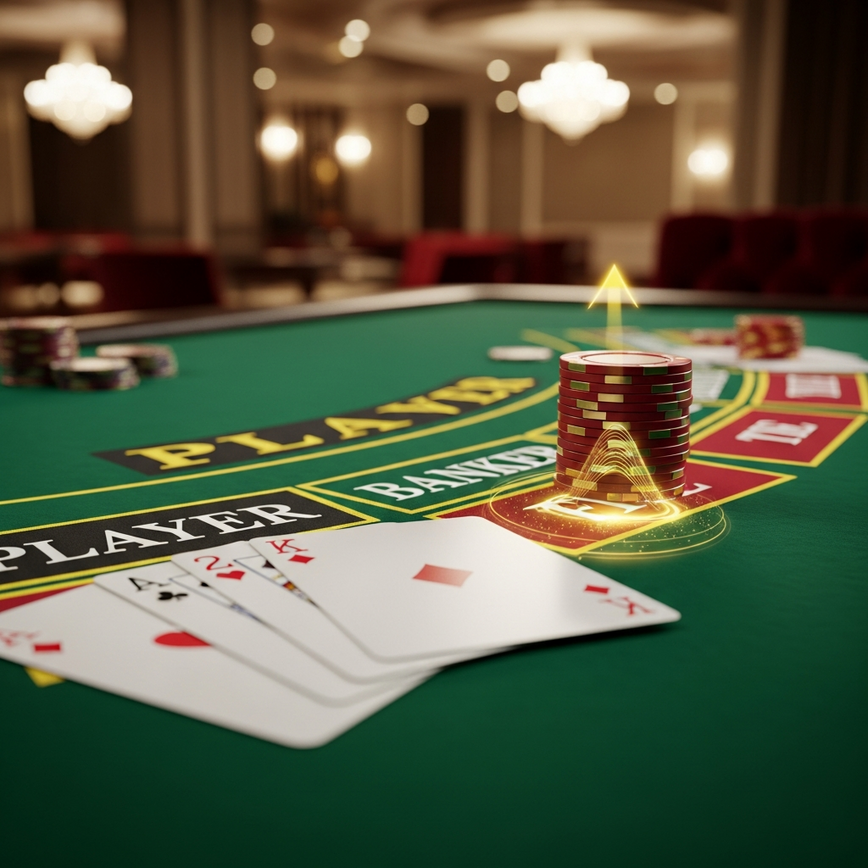 Illustrates the core elements of a baccarat game, specifically the card values and betting options (Player, Banker, Tie), emphasizing the low house edge of the Banker bet.