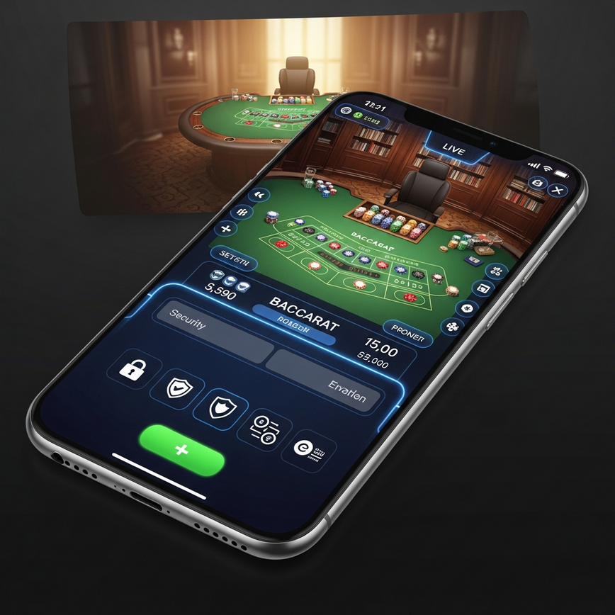 Visualizes the seamless and secure experience of playing baccarat on a mobile device, emphasizing the dedicated app interface and secure transaction features.