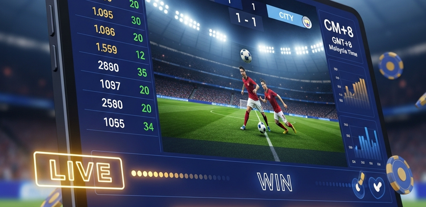 Sleek online sports betting platform interface showing live EPL match odds and 'GMT+8 Malaysia Time' over a blurred football stadium, representing exciting Malaysian EPL betting.