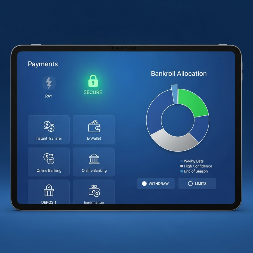 Visualizes secure bankroll management and convenient payment methods for online betting, emphasizing safety and control for Malaysian players.