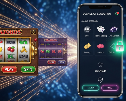 A visually dynamic image depicting the evolution of Malaysian online casinos over a decade, transitioning from a classic slot interface to a modern, mobile-first gaming lobby with security and licensing symbols, set against a luxurious digital backdrop.
