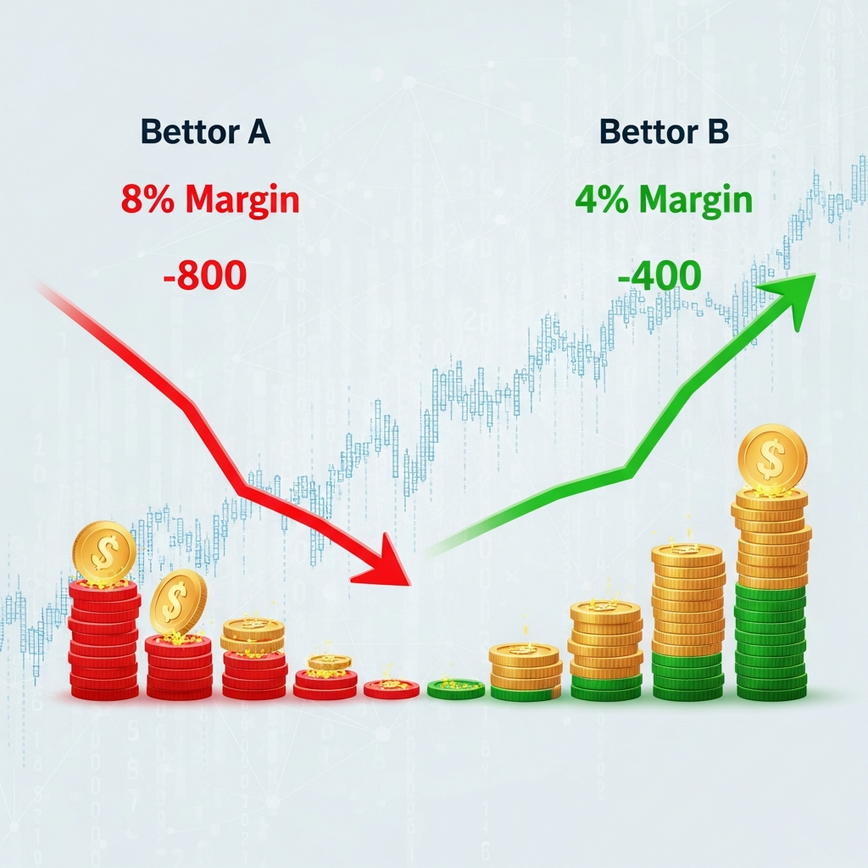Visualizes the 'hidden cost' of high margins by comparing two betting scenarios with different margin percentages and their impact on long-term returns, emphasizing money saved or lost.