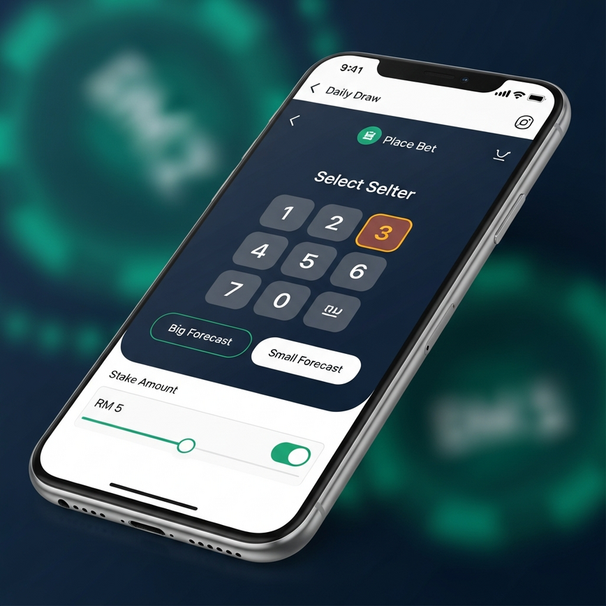 Illustrates the step-by-step process of placing a 4D bet online, focusing on the user interface for number selection and bet type.