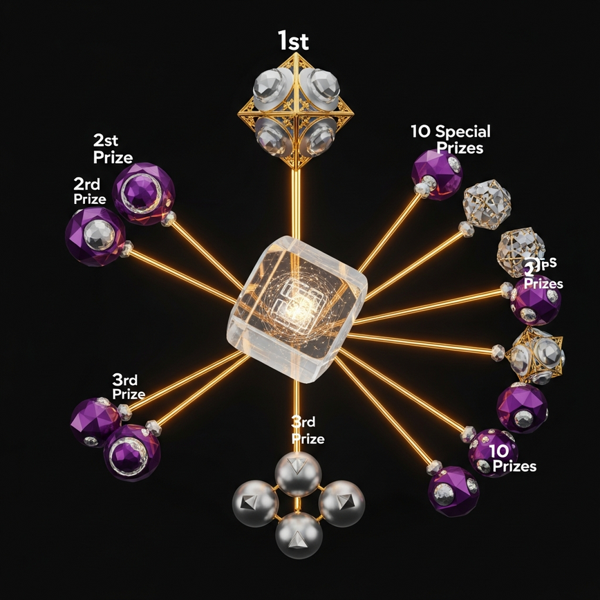 Visualizes the concept of multiple winning chances in 4D lottery, specifically highlighting the 'Big Forecast' advantage with various prize tiers.