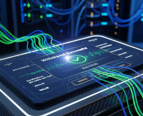 Sleek online casino withdrawal interface displaying a 'Withdrawal Successful' message, surrounded by glowing data streams, symbolizing fast and secure payment processing.