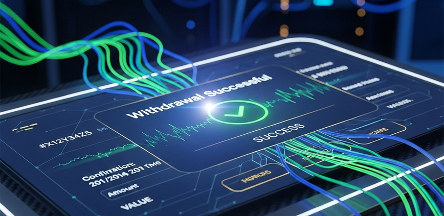 Sleek online casino withdrawal interface displaying a 'Withdrawal Successful' message, surrounded by glowing data streams, symbolizing fast and secure payment processing.