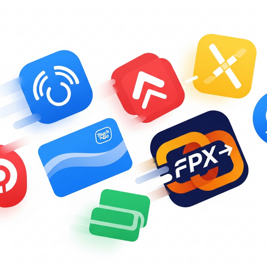 Depicts various Malaysian payment methods (banks and e-wallets) with an emphasis on speed and efficiency.