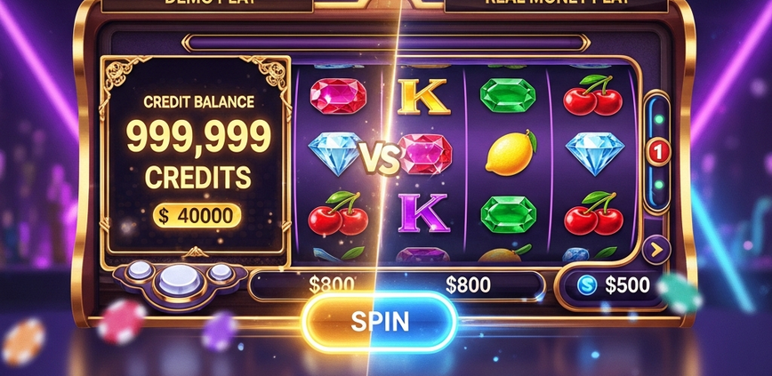 Split view of an online slot game interface, contrasting a 'DEMO PLAY' mode with virtual credits and a 'REAL MONEY PLAY' mode with a Malaysian Ringgit balance, set in a premium online casino environment.