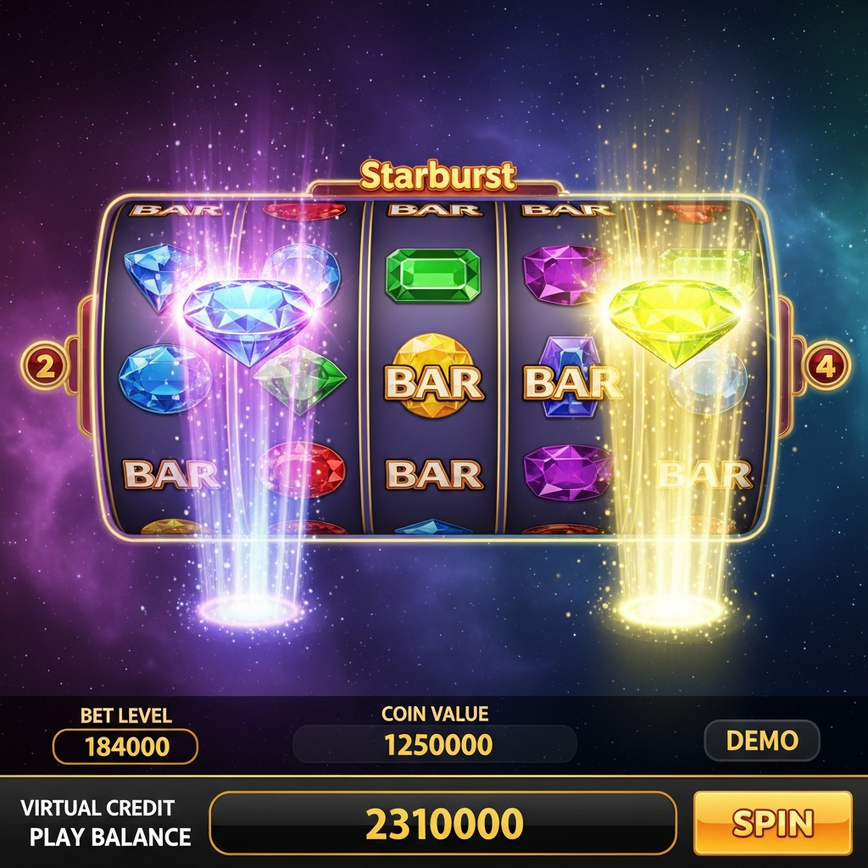 Illustrates the Starburst slot game mechanics and demo play experience, focusing on its vibrant interface and wild features.