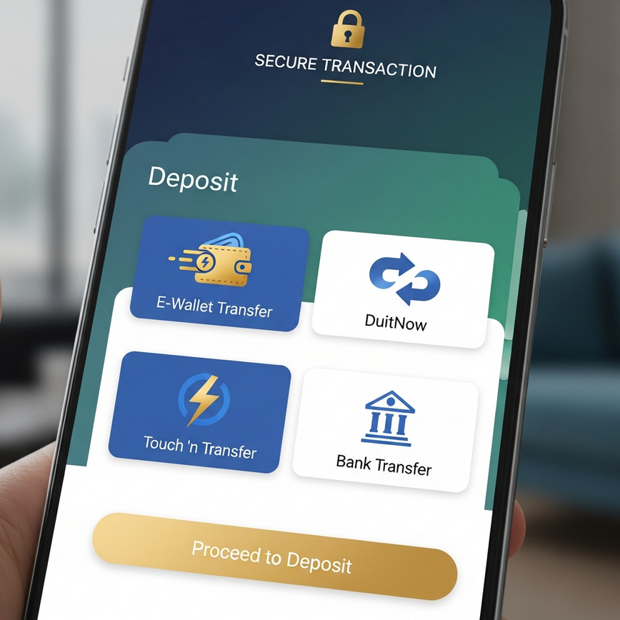 Depicts the secure and mobile-optimized payment process for transitioning to real money play, highlighting e-wallet options relevant to Malaysia.