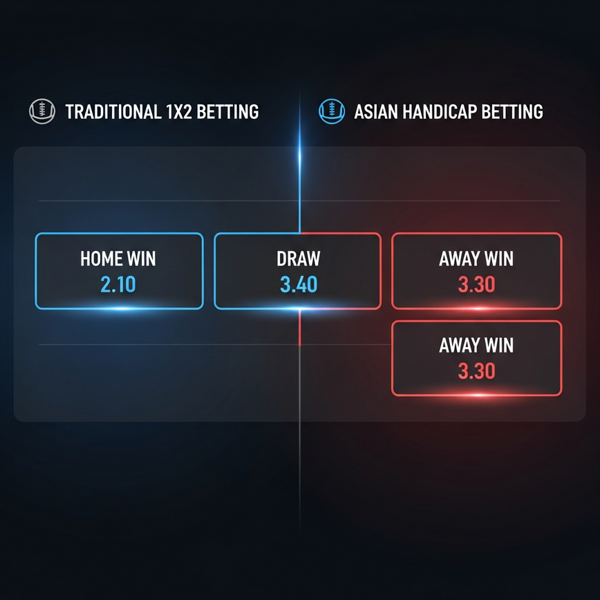 Illustrates the key difference between traditional 1X2 betting and Asian Handicap betting by showing their respective interfaces side-by-side.