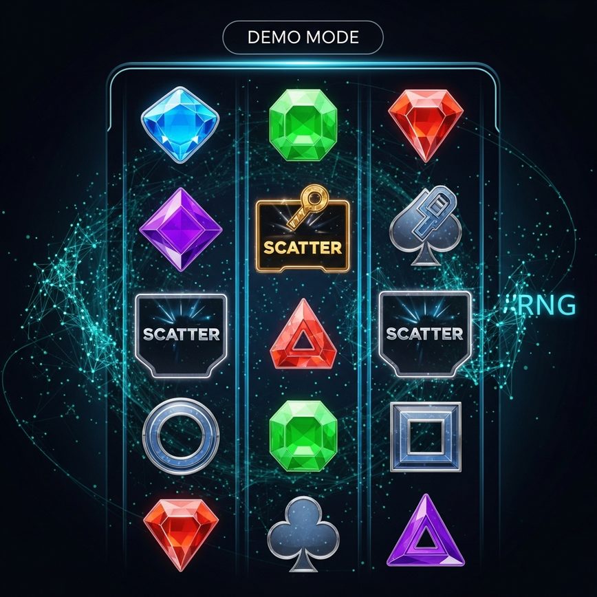 Illustrates the core mechanics of demo play, emphasizing RNG, RTP, and bonus triggers through a visually engaging slot game interface with data overlays.