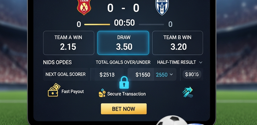 Sleek, integrated online sportsbook dashboard showcasing live football betting markets on one side and esports betting options on the other, with prominent security and fast payout indicators.