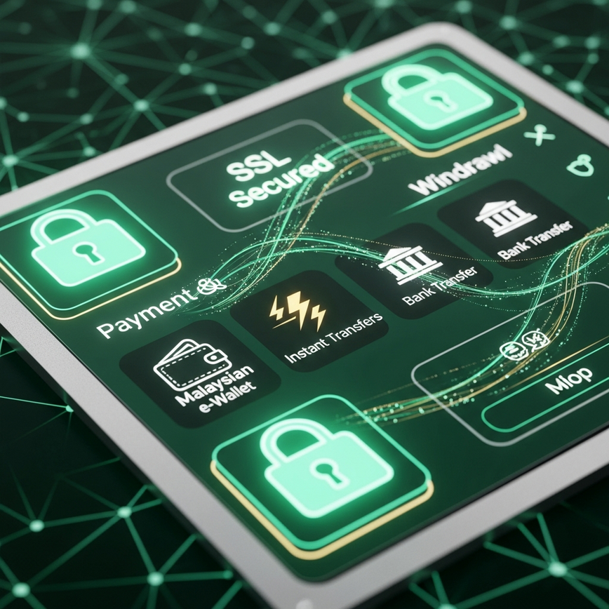 Illustrates the superior safety and efficiency of integrated platforms, particularly regarding payment security and fast withdrawal processing, using generic Malaysian payment method representations.