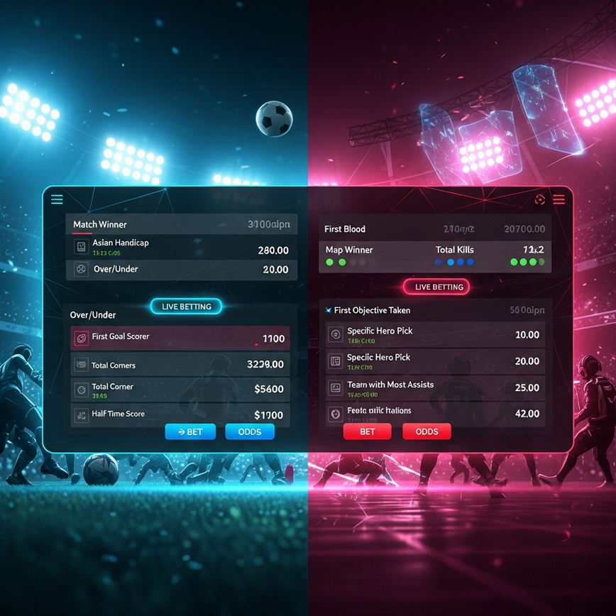Visually represents the comprehensive market depth for both football and esports betting, highlighting live betting capabilities and diverse options available on an integrated platform.