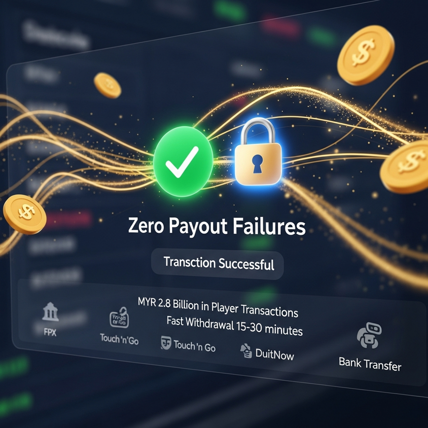 Visualizes the reliability of payout processing, emphasizing 'zero payout failures' and the massive volume of 'MYR 2.8 billion in player transactions' with fast, secure withdrawals.