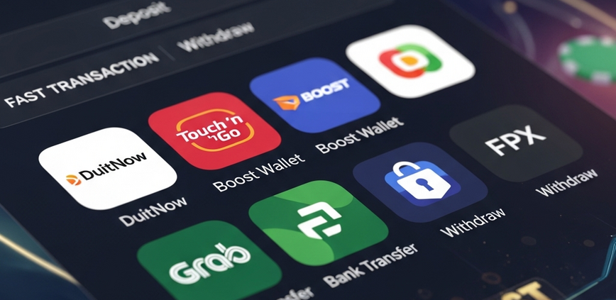 A digital interface showcasing various Malaysian online casino payment methods including DuitNow, eWallets, and bank transfers, emphasizing speed and security with vibrant icons.