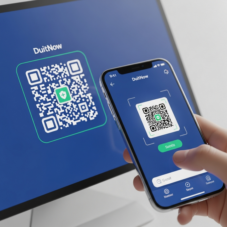 Illustrates the DuitNow deposit process, specifically a user scanning a QR code with a banking app for instant payment, highlighting its speed and integration.