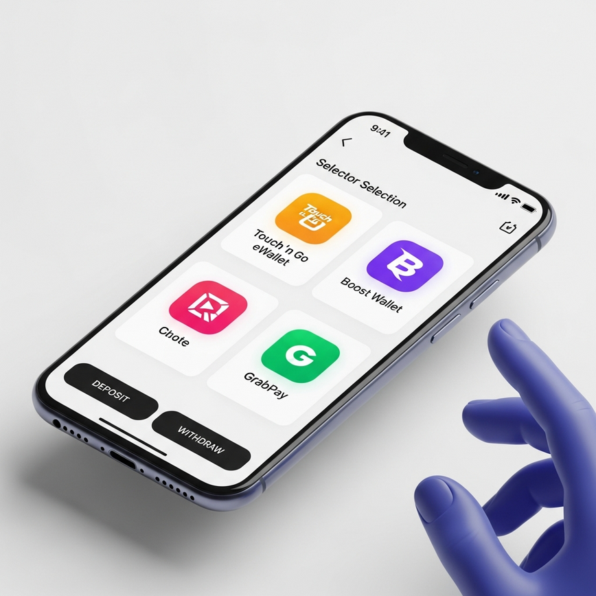 Represents the convenience and variety of eWallet payment methods (Touch 'n Go, Boost, GrabPay) integrated into a mobile casino interface.