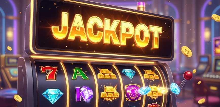 Vibrant online progressive jackpot slot machine interface showing spinning reels with winning symbols and a large digital display featuring a multi-million Ringgit jackpot, set in a luxurious virtual casino environment.