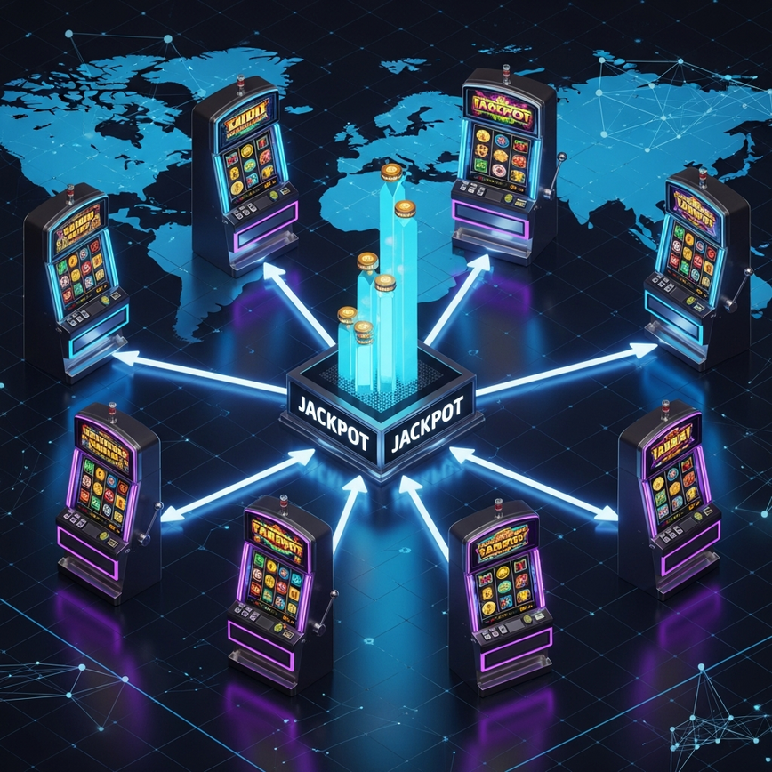 Illustrates the concept of networked progressive jackpots, showing multiple online slot machines contributing to a central, ever-growing prize pool.