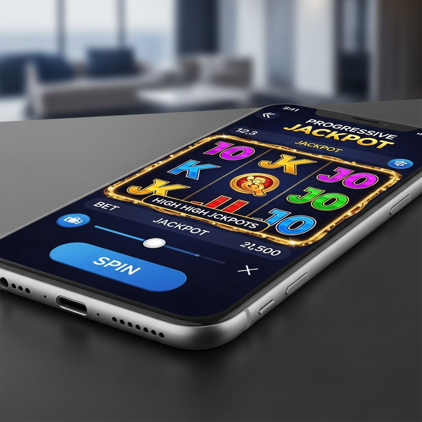 Depicts the mobile-first design trend for progressive jackpot slots, showing a game interface optimized for smartphones and tablets.